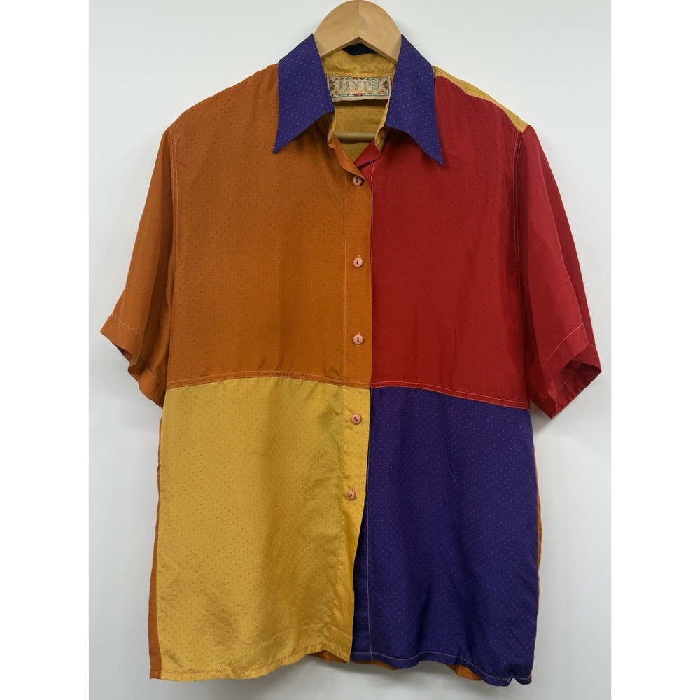 Vintage HYPE Silk Vibrant Colorblock Blouse Shirt SZ LG 80s 90s Button Retro